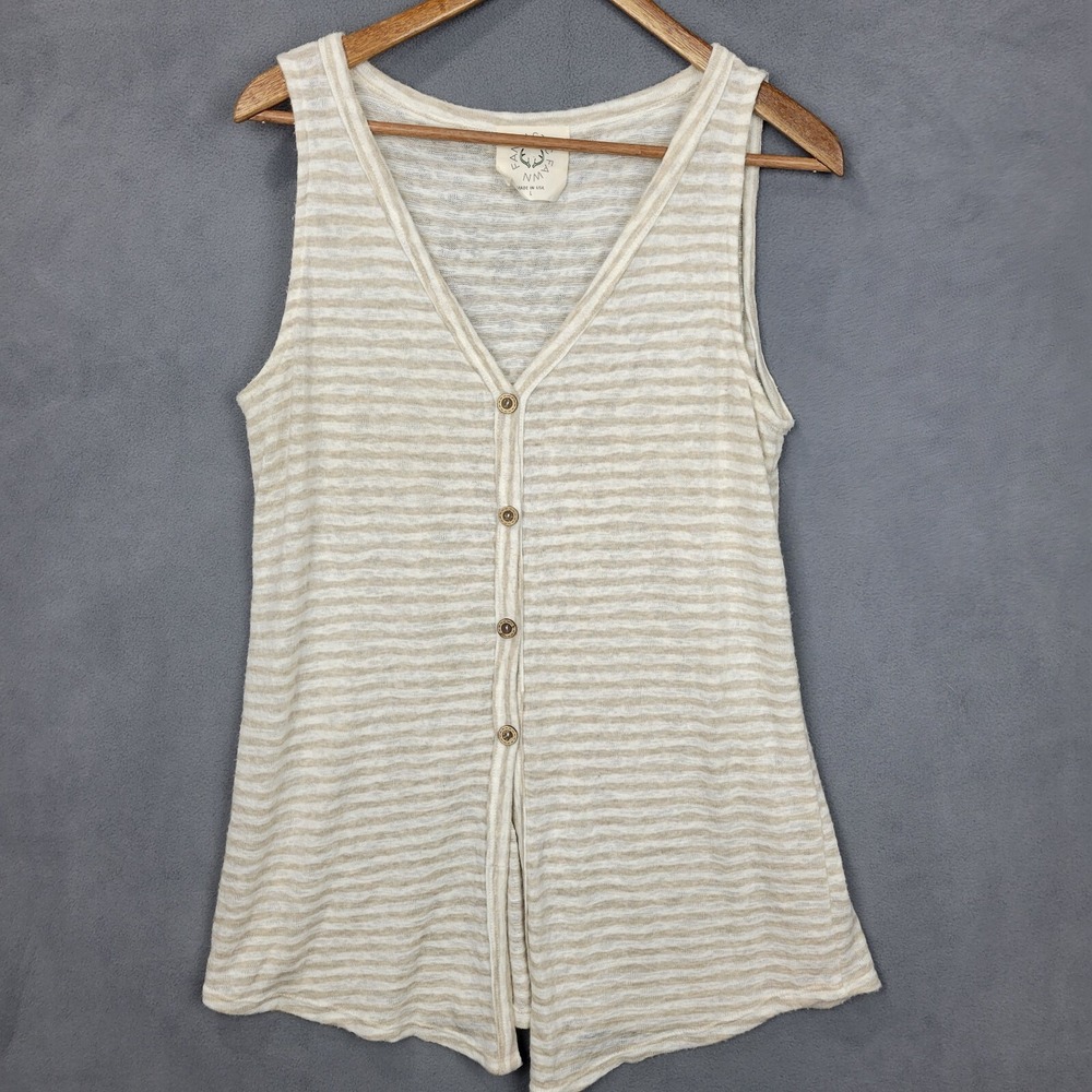 Fantastic Fawn Cardigan Women's L Beige White Striped V-Neck Sleeveless Sweater